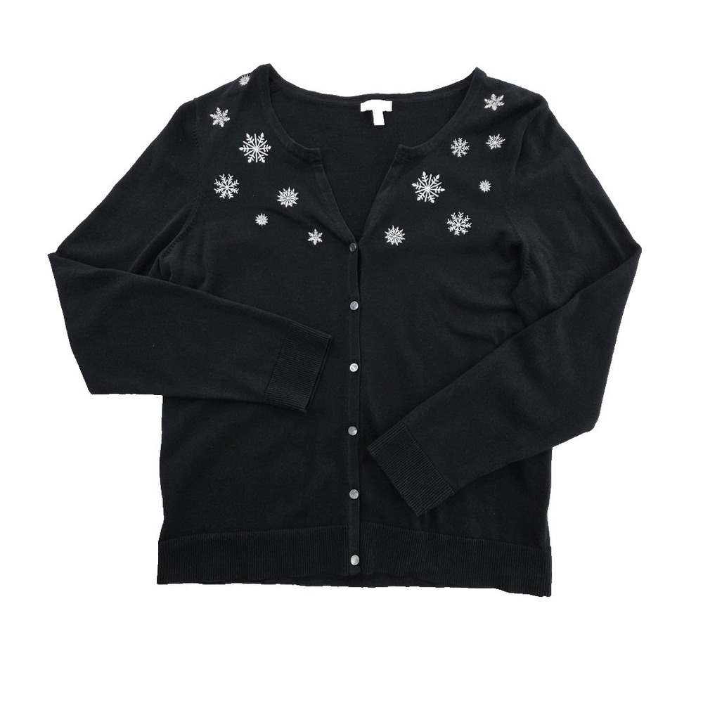 Talbots Snowflake Button-Up Sweater Womens L Black Long‎ Sleeve Button-Up